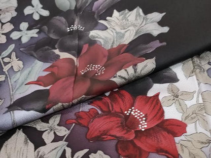 平和屋着物●訪問着　手描き　草花文　黒地　正絹　逸品　DABI2203ud