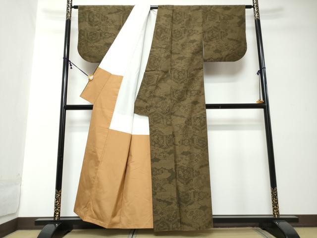 平和屋着物●結城紬　100亀甲　雲霞草花文　正絹　逸品　DABI2205ud