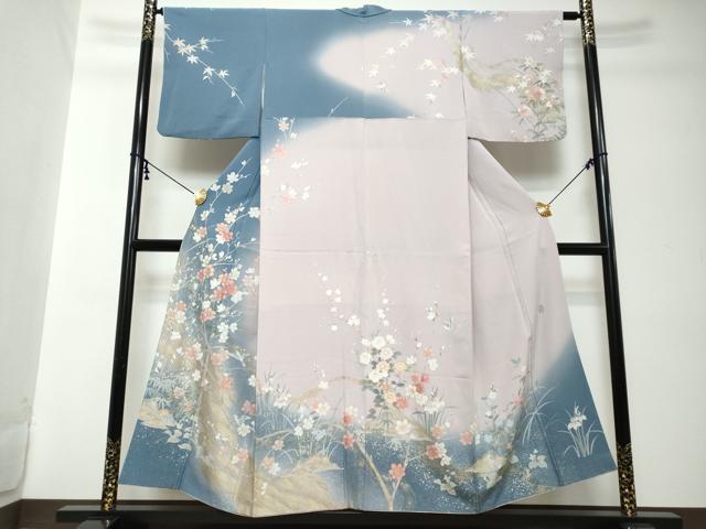 平和屋着物●十日町友禅作家　松雨　訪問着　花鳥文　暈し染め　金彩　正絹　逸品　DABI2206ud