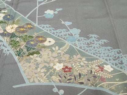 平和屋着物●訪問着　駒刺繍　草花文　金彩　正絹　逸品　DABI2210ud