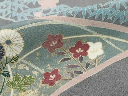 平和屋着物●訪問着　駒刺繍　草花文　金彩　正絹　逸品　DABI2210ud