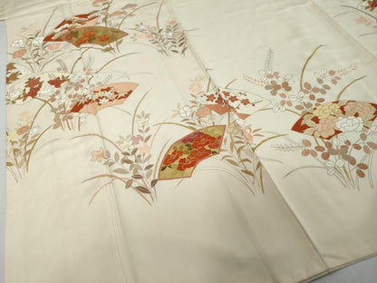 平和屋着物●訪問着　駒刺繍　地紙草花文　金彩　正絹　逸品　DABI2212ud