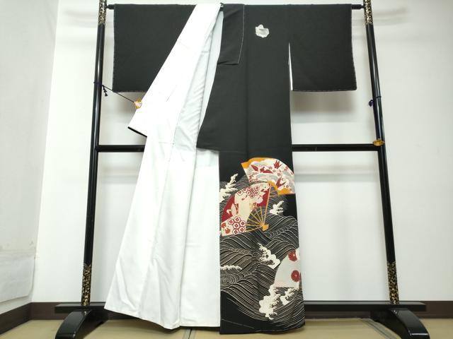 平和屋着物●豪華黒留袖　扇面宝尽くし折り鶴文　金彩　正絹　逸品　DABI2229ud