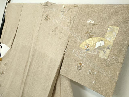 平和屋着物●訪問着　駒刺繍　流水地紙草花文　金彩　ますいわ屋扱い　正絹　逸品　DABI2256ud