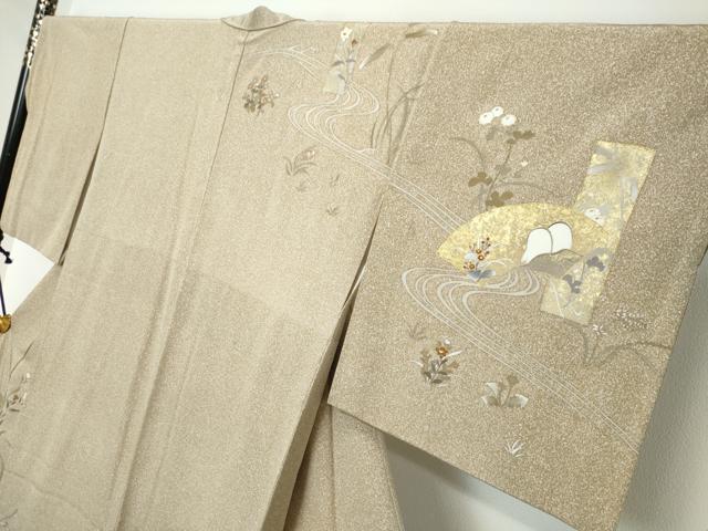 平和屋着物●訪問着　駒刺繍　流水地紙草花文　金彩　ますいわ屋扱い　正絹　逸品　DABI2256ud