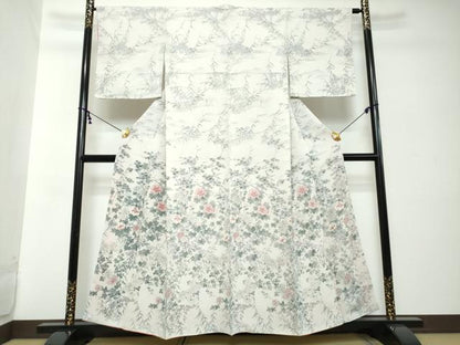 平和屋着物●訪問着　手描き　草花文　金彩　鬼しぼ縮緬　正絹　逸品　未使用　DABI2258ud