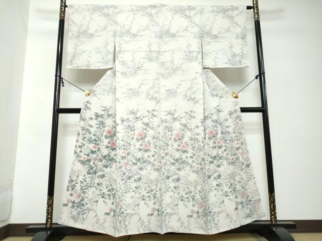 平和屋着物●訪問着　手描き　草花文　金彩　鬼しぼ縮緬　正絹　逸品　未使用　DABI2258ud