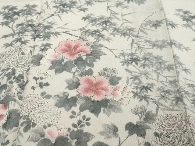 平和屋着物●訪問着　手描き　草花文　金彩　鬼しぼ縮緬　正絹　逸品　未使用　DABI2258ud