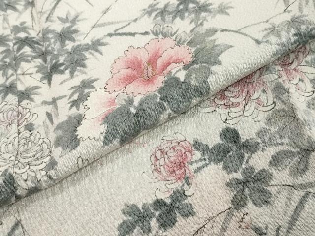 平和屋着物●訪問着　手描き　草花文　金彩　鬼しぼ縮緬　正絹　逸品　未使用　DABI2258ud