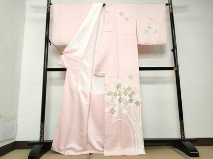 平和屋着物●訪問着　駒刺繍　草花文　金銀彩　正絹　逸品　DABI2259ud