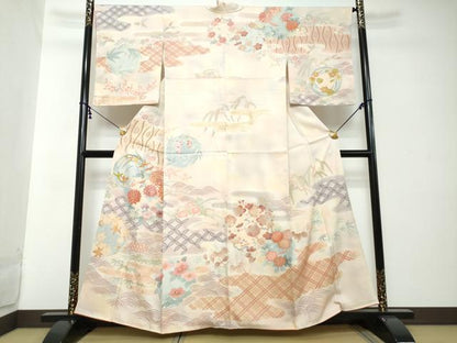 平和屋着物●訪問着　刺繍　流水草花文　暈し染め　金彩　正絹　逸品　DABI2262ud