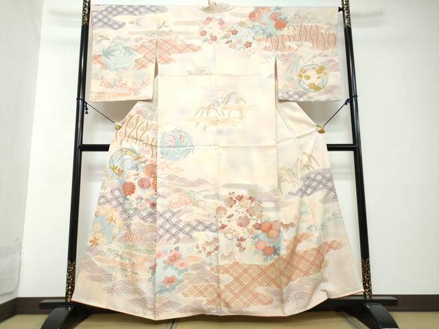 平和屋着物●訪問着　刺繍　流水草花文　暈し染め　金彩　正絹　逸品　DABI2262ud