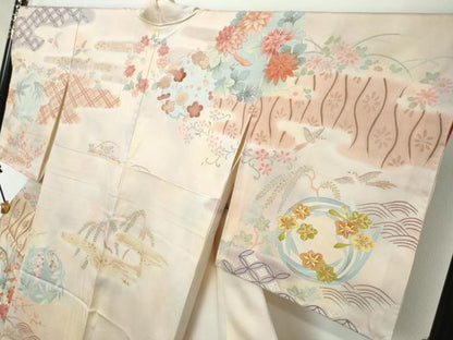 平和屋着物●訪問着　刺繍　流水草花文　暈し染め　金彩　正絹　逸品　DABI2262ud