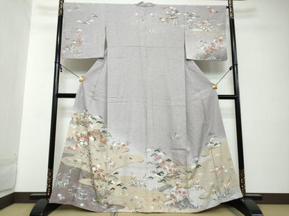 平和屋着物●訪問着　流水風景草花文　金彩　正絹　逸品　DABI2263ud