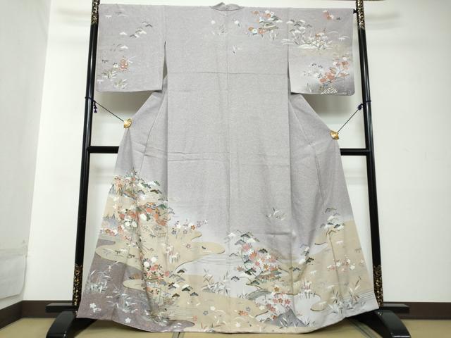 平和屋着物●訪問着　流水風景草花文　金彩　正絹　逸品　DABI2263ud