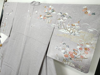 平和屋着物●訪問着　流水風景草花文　金彩　正絹　逸品　DABI2263ud