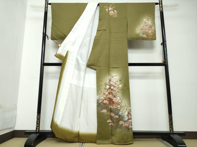 平和屋着物●訪問着　流水片輪車草花文　暈し染め　金彩　正絹　逸品　未使用　DABI2268ud