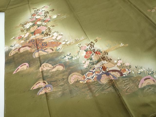 平和屋着物●訪問着　流水片輪車草花文　暈し染め　金彩　正絹　逸品　未使用　DABI2268ud