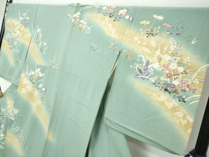 平和屋着物●訪問着　駒刺繍　草花文　暈し染め　金彩　正絹　逸品　DABI2271ud