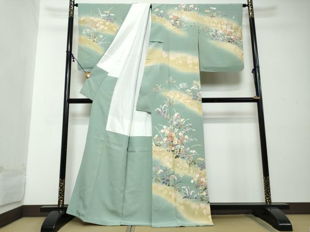 平和屋着物●訪問着　駒刺繍　草花文　暈し染め　金彩　正絹　逸品　DABI2271ud