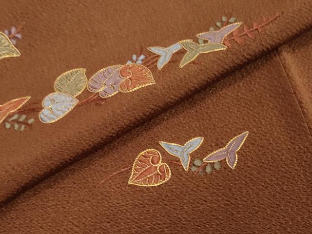 平和屋着物●訪問着　総刺繍　駒刺繍　枝葉文　鬼しぼ縮緬　正絹　逸品　DABI2276ud