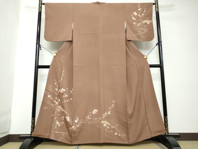 平和屋着物●訪問着　駒刺繍　流水花蝶文　金彩　正絹　逸品　DABI2296ud