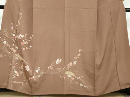 平和屋着物●訪問着　駒刺繍　流水花蝶文　金彩　正絹　逸品　DABI2296ud