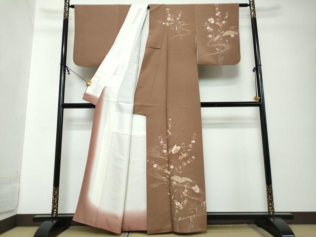 平和屋着物●訪問着　駒刺繍　流水花蝶文　金彩　正絹　逸品　DABI2296ud