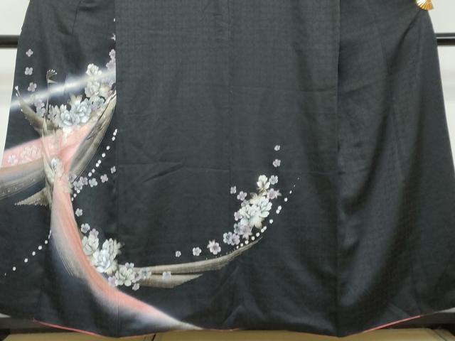 平和屋着物●訪問着　孔雀花文　暈し染め　黒地　金銀彩　正絹　逸品　DABI2302ud