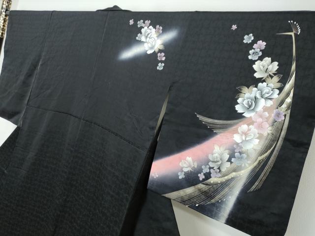 平和屋着物●訪問着　孔雀花文　暈し染め　黒地　金銀彩　正絹　逸品　DABI2302ud