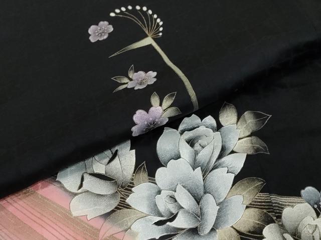 平和屋着物●訪問着　孔雀花文　暈し染め　黒地　金銀彩　正絹　逸品　DABI2302ud