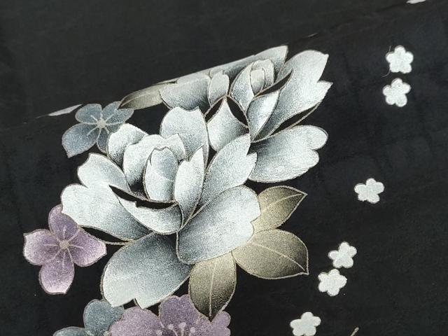 平和屋着物●訪問着　孔雀花文　暈し染め　黒地　金銀彩　正絹　逸品　DABI2302ud