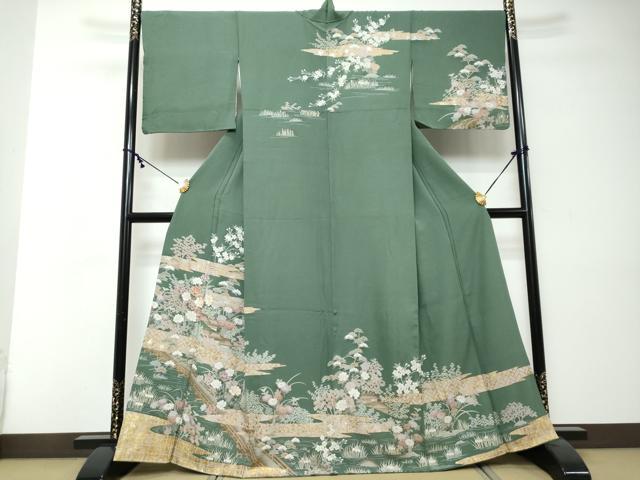 平和屋着物●訪問着　駒刺繍　渡橋風景草花文　金銀彩　正絹　逸品　DABI2311ud