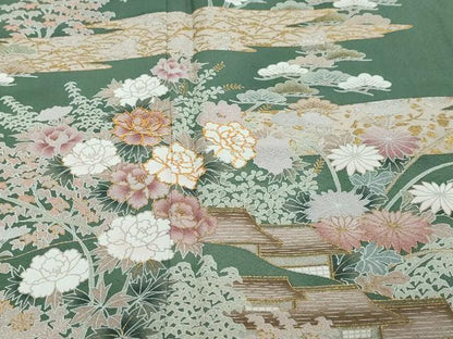 平和屋着物●訪問着　駒刺繍　渡橋風景草花文　金銀彩　正絹　逸品　DABI2311ud
