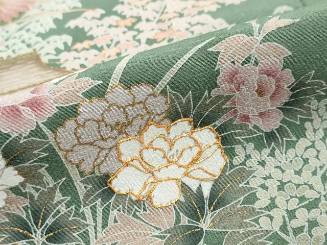 平和屋着物●訪問着　駒刺繍　渡橋風景草花文　金銀彩　正絹　逸品　DABI2311ud