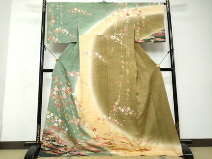 平和屋着物●訪問着　エ霞草花文　暈し染め　金彩　ロング丈　正絹　逸品　DABI2313ud