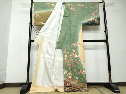 平和屋着物●訪問着　エ霞草花文　暈し染め　金彩　ロング丈　正絹　逸品　DABI2313ud