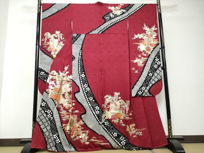 平和屋着物●豪華振袖　絞り　刺繍　女人御所車草花文　金彩　正絹　逸品　DABI2317ud