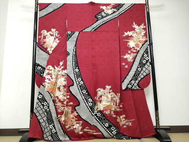 平和屋着物●豪華振袖　絞り　刺繍　女人御所車草花文　金彩　正絹　逸品　DABI2317ud