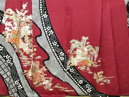 平和屋着物●豪華振袖　絞り　刺繍　女人御所車草花文　金彩　正絹　逸品　DABI2317ud