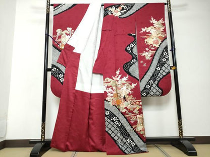 平和屋着物●豪華振袖　絞り　刺繍　女人御所車草花文　金彩　正絹　逸品　DABI2317ud