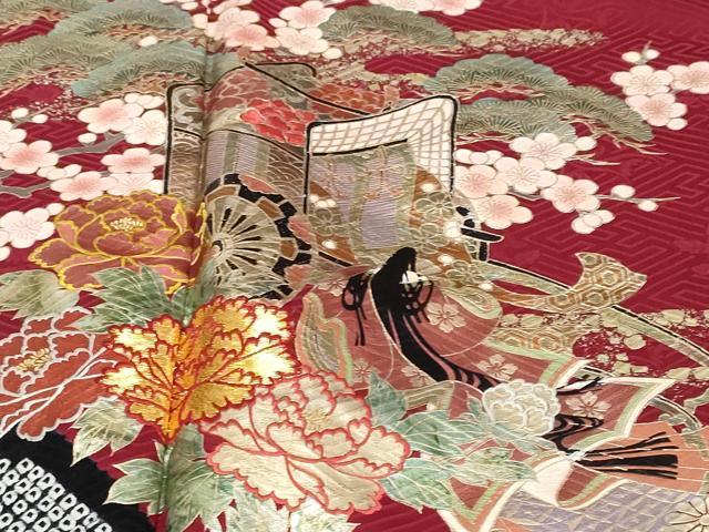 平和屋着物●豪華振袖　絞り　刺繍　女人御所車草花文　金彩　正絹　逸品　DABI2317ud