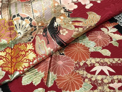 平和屋着物●豪華振袖　絞り　刺繍　女人御所車草花文　金彩　正絹　逸品　DABI2317ud
