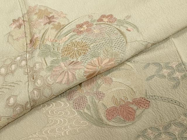 平和屋着物●中国三大刺繍　スワトウ刺繍　汕頭刺繍　総刺繍　訪問着　流水吉祥草花丸文　正絹　逸品　DABI2328ud