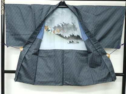 平和屋着物●男性　お召　アンサンブル　長羽織　野口　正絹　逸品　DABI2342ud