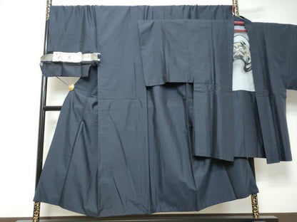 平和屋着物●男性　紬　アンサンブル　長羽織　鉄紺色　反端付き　キングサイズ　正絹　逸品　DABI2343ud