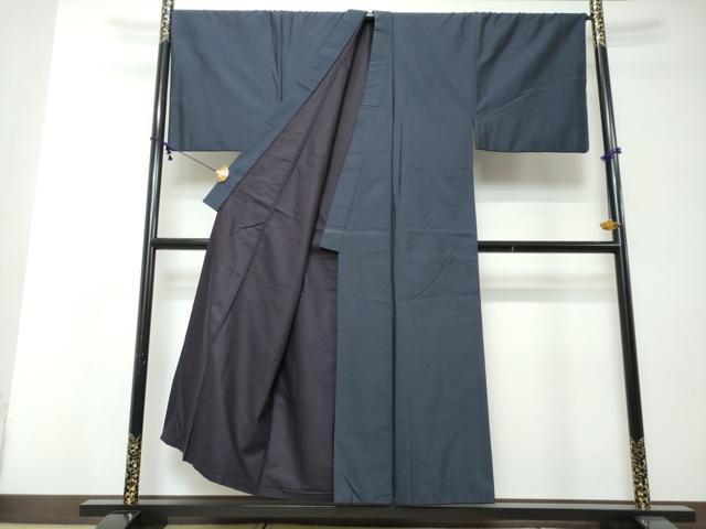 平和屋着物●男性　紬　アンサンブル　長羽織　鉄紺色　反端付き　キングサイズ　正絹　逸品　DABI2343ud