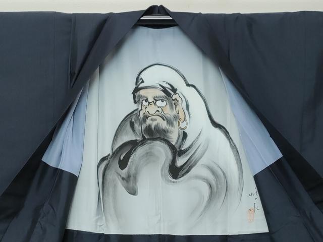 平和屋着物●男性　紬　アンサンブル　長羽織　鉄紺色　反端付き　キングサイズ　正絹　逸品　DABI2343ud