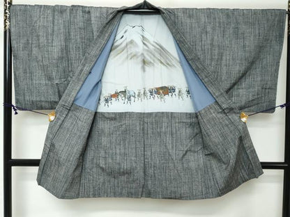 平和屋着物●男性　紬　アンサンブル　長羽織　霞文　正絹　逸品　DABI2344ud