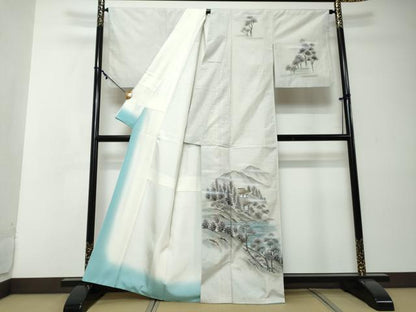 平和屋着物●本場縞大島紬　訪問着　作家物　手描き　遠山風景樹林文　暈し染め　金彩　正絹　逸品　DABI2349ud